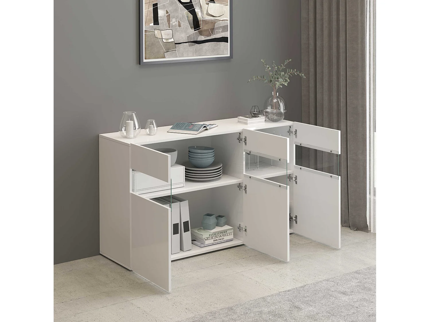 Aparador Potenza con 3 puertas blanco brillo 130x40x81 cm