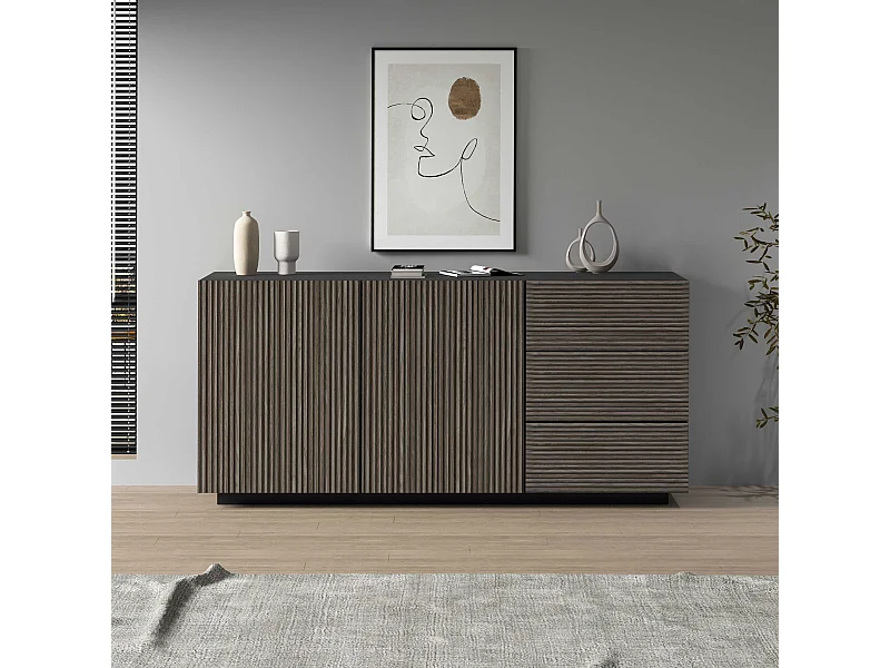Credenza Coste a 2 ante e 3 cassetti antracite opaco e legno scuro 180x43x86 cm