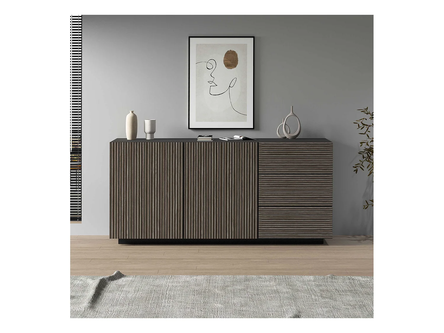 Credenza Coste a 2 ante e 3 cassetti antracite opaco e legno scuro 180x43x86 cm