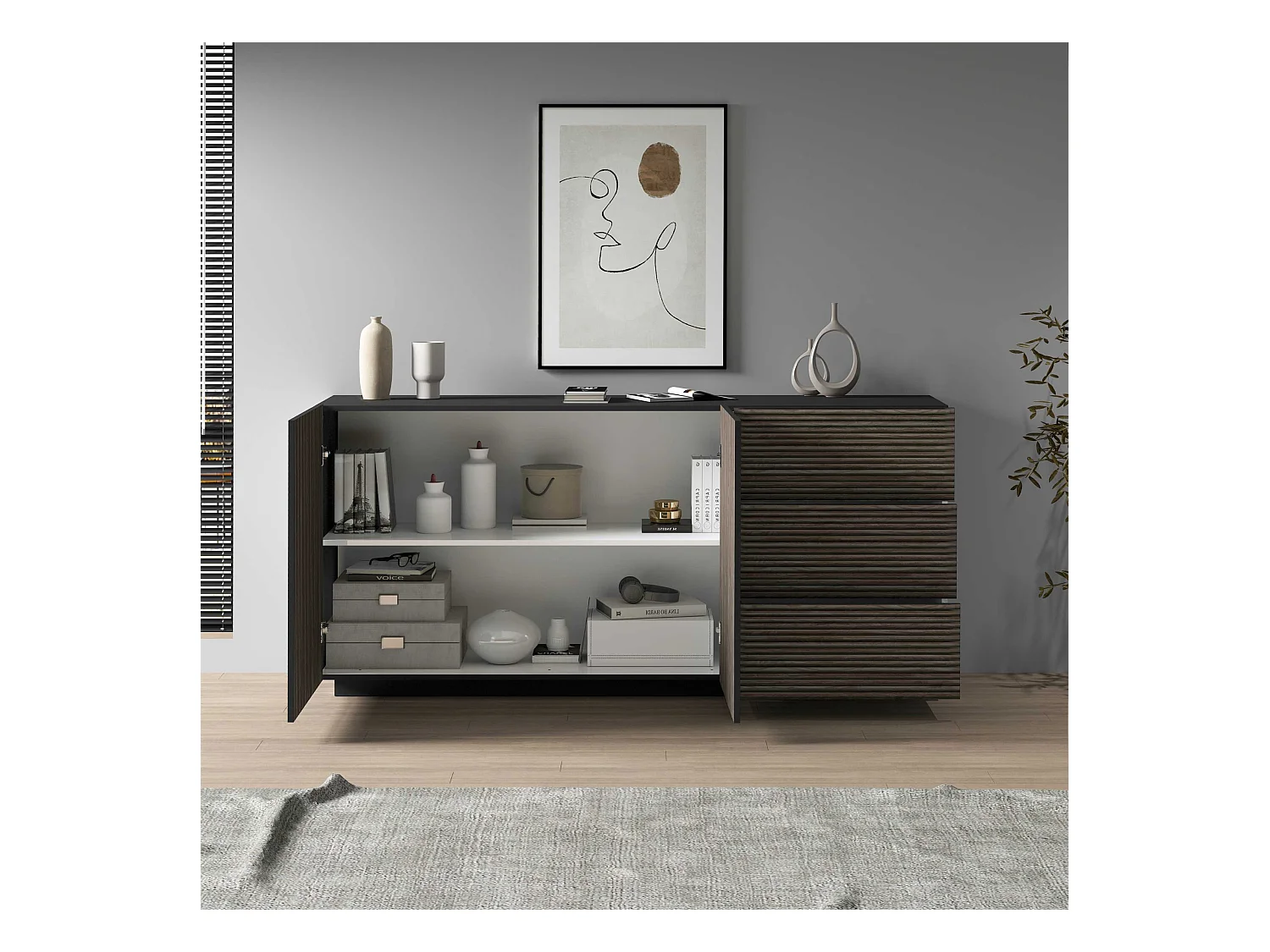 Credenza Coste a 2 ante e 3 cassetti antracite opaco e legno scuro 180x43x86 cm