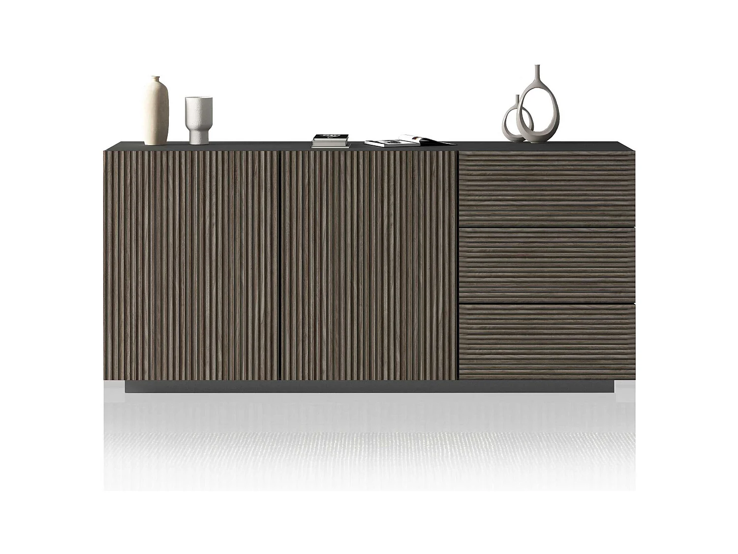 Credenza Coste a 2 ante e 3 cassetti antracite opaco e legno scuro 180x43x86 cm