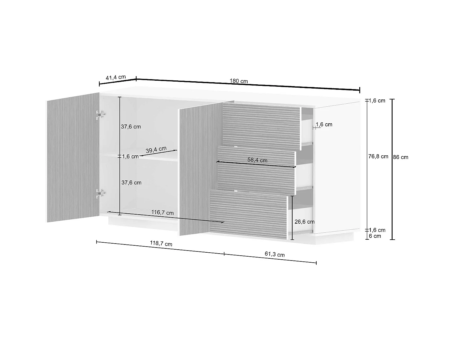 Credenza Coste a 2 ante e 3 cassetti antracite opaco e legno scuro 180x43x86 cm