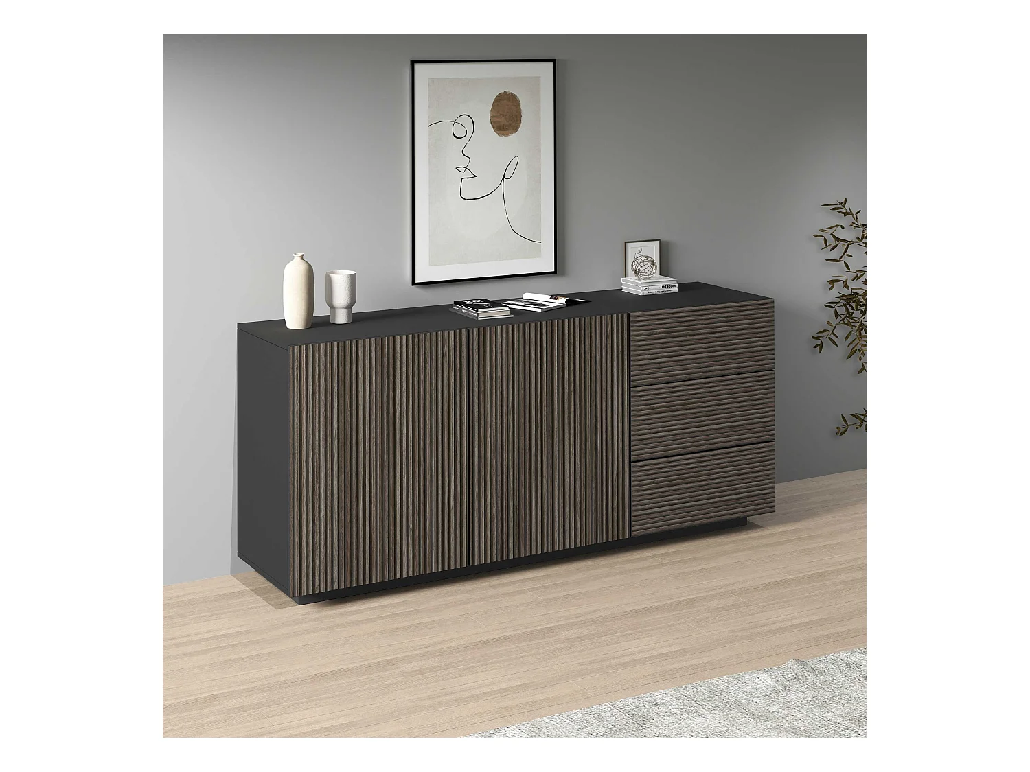 Credenza Coste a 2 ante e 3 cassetti antracite opaco e legno scuro 180x43x86 cm