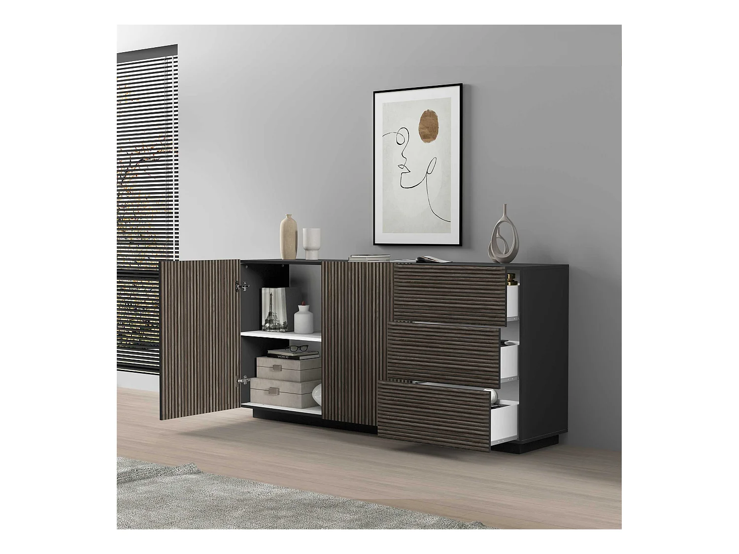Credenza Coste a 2 ante e 3 cassetti antracite opaco e legno scuro 180x43x86 cm