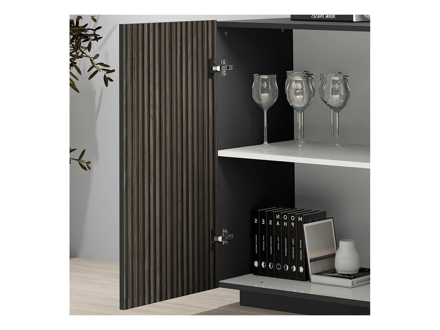 Credenza Coste a 2 ante e 3 cassetti antracite opaco e legno scuro 180x43x86 cm