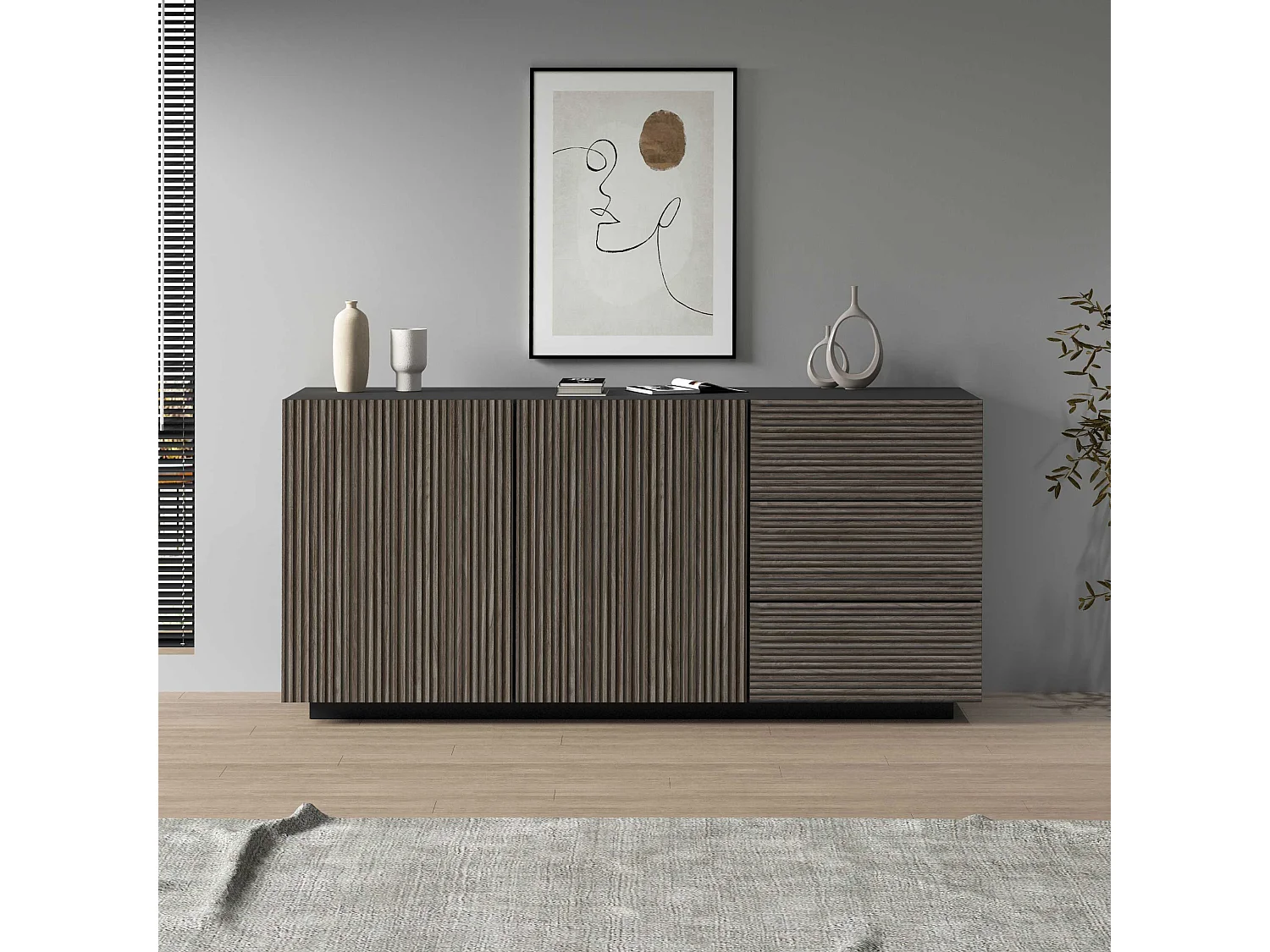 Credenza Coste a 2 ante e 3 cassetti antracite opaco e legno scuro 180x43x86 cm