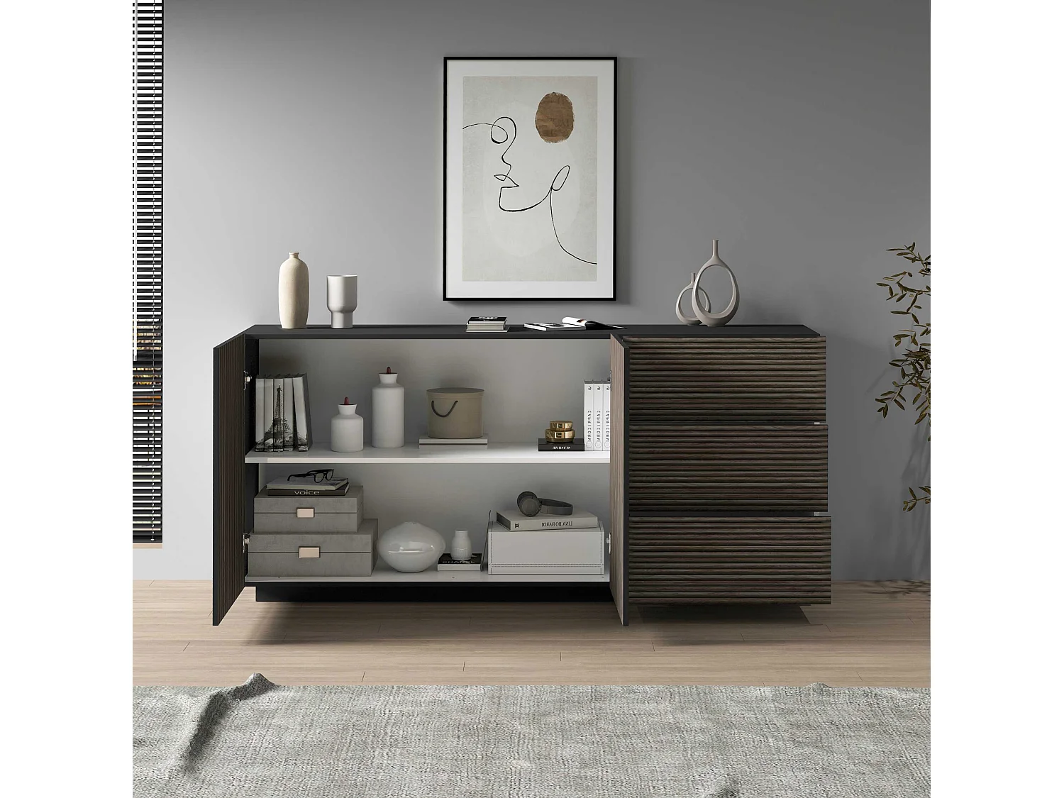 Credenza Coste a 2 ante e 3 cassetti antracite opaco e legno scuro 180x43x86 cm