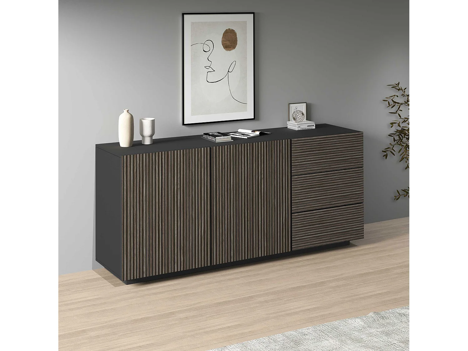 Credenza Coste a 2 ante e 3 cassetti antracite opaco e legno scuro 180x43x86 cm