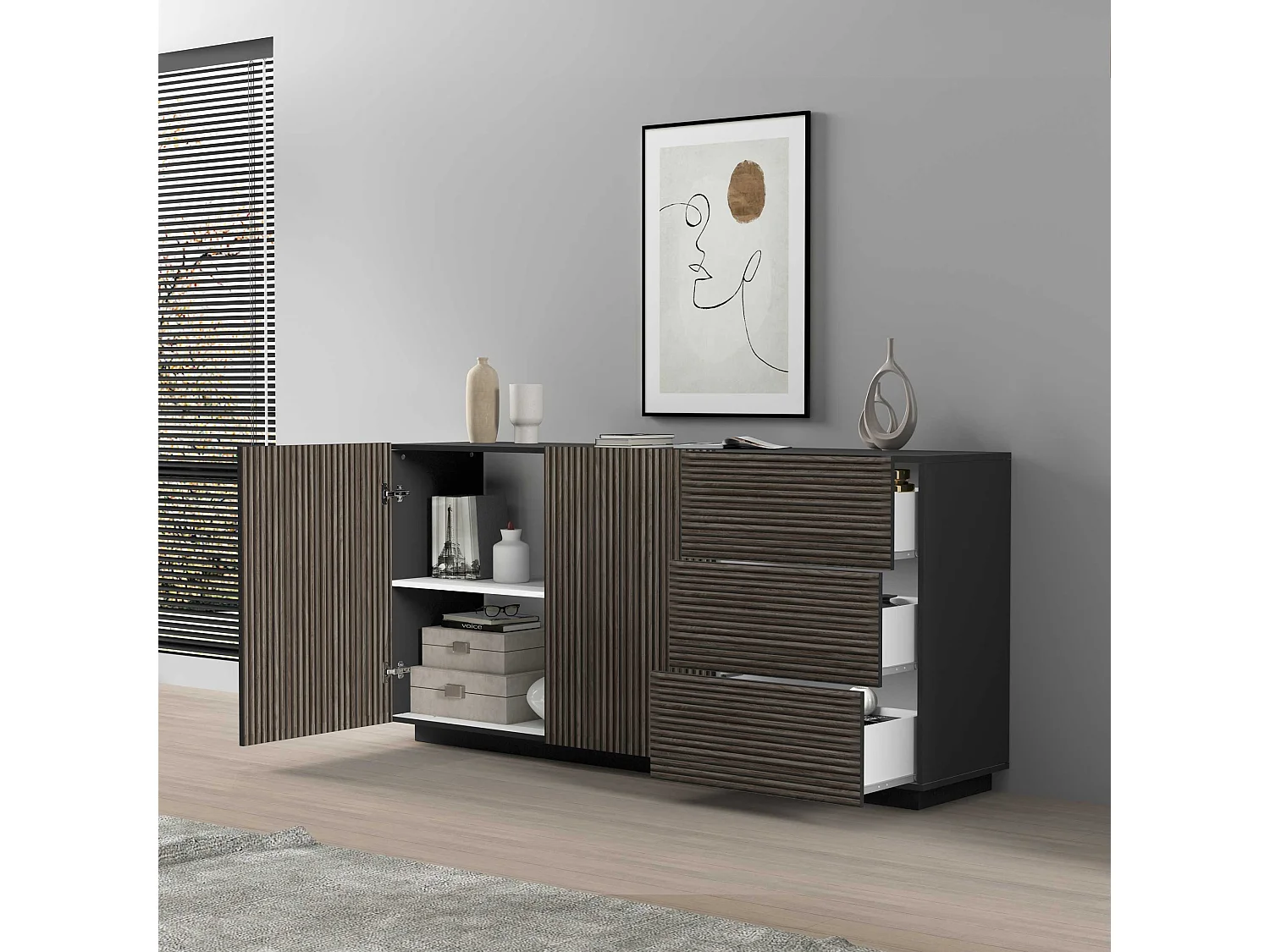 Credenza Coste a 2 ante e 3 cassetti antracite opaco e legno scuro 180x43x86 cm
