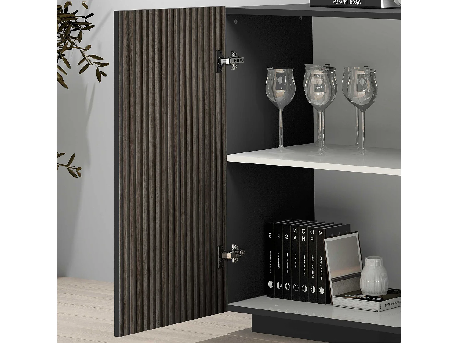 Credenza Coste a 2 ante e 3 cassetti antracite opaco e legno scuro 180x43x86 cm