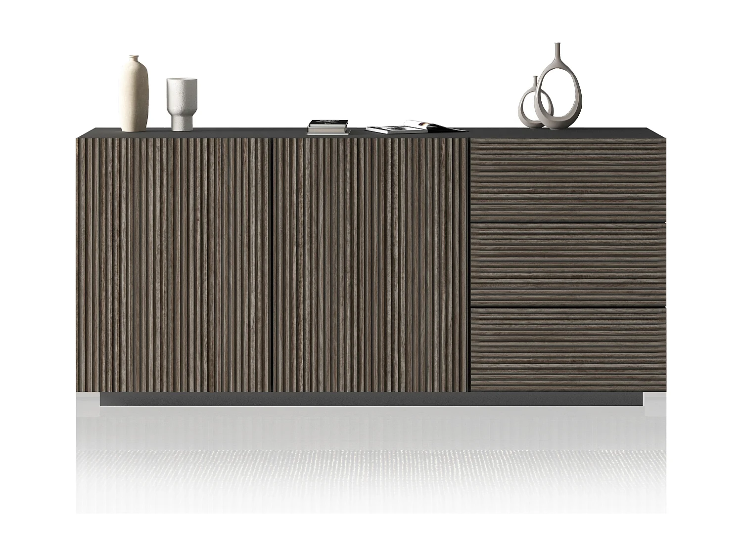 Credenza Coste a 2 ante e 3 cassetti antracite opaco e legno scuro 180x43x86 cm