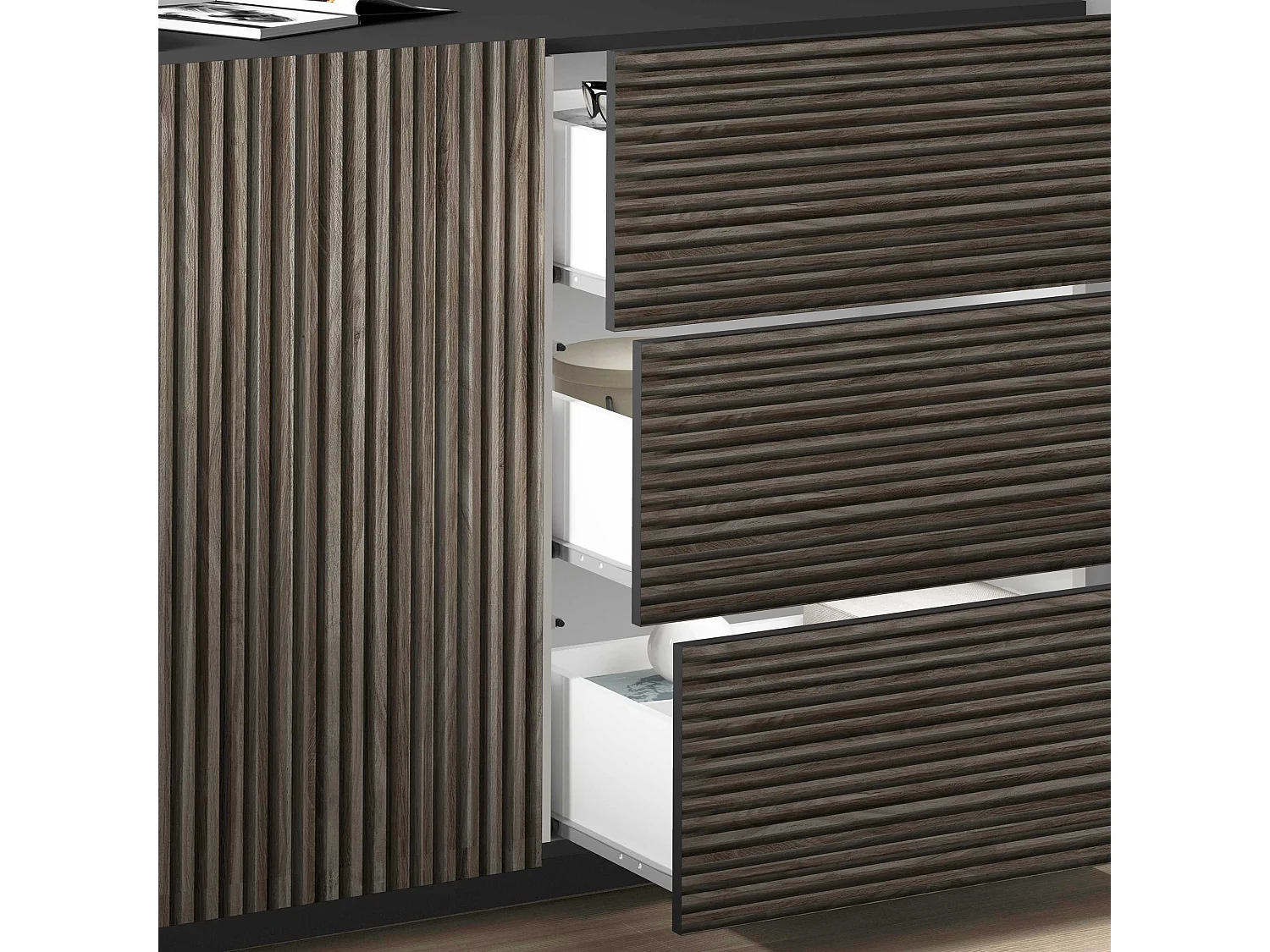 Credenza Coste a 2 ante e 3 cassetti antracite opaco e legno scuro 180x43x86 cm