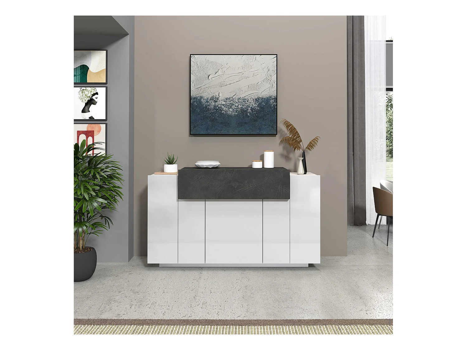 Credenza Corona 3 ante bianco lucido e ardesia 140x45x85 cm