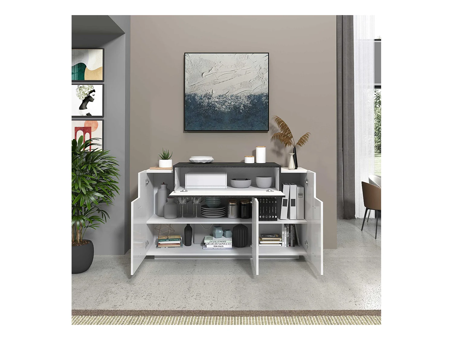 Credenza Corona 3 ante bianco lucido e ardesia 140x45x85 cm