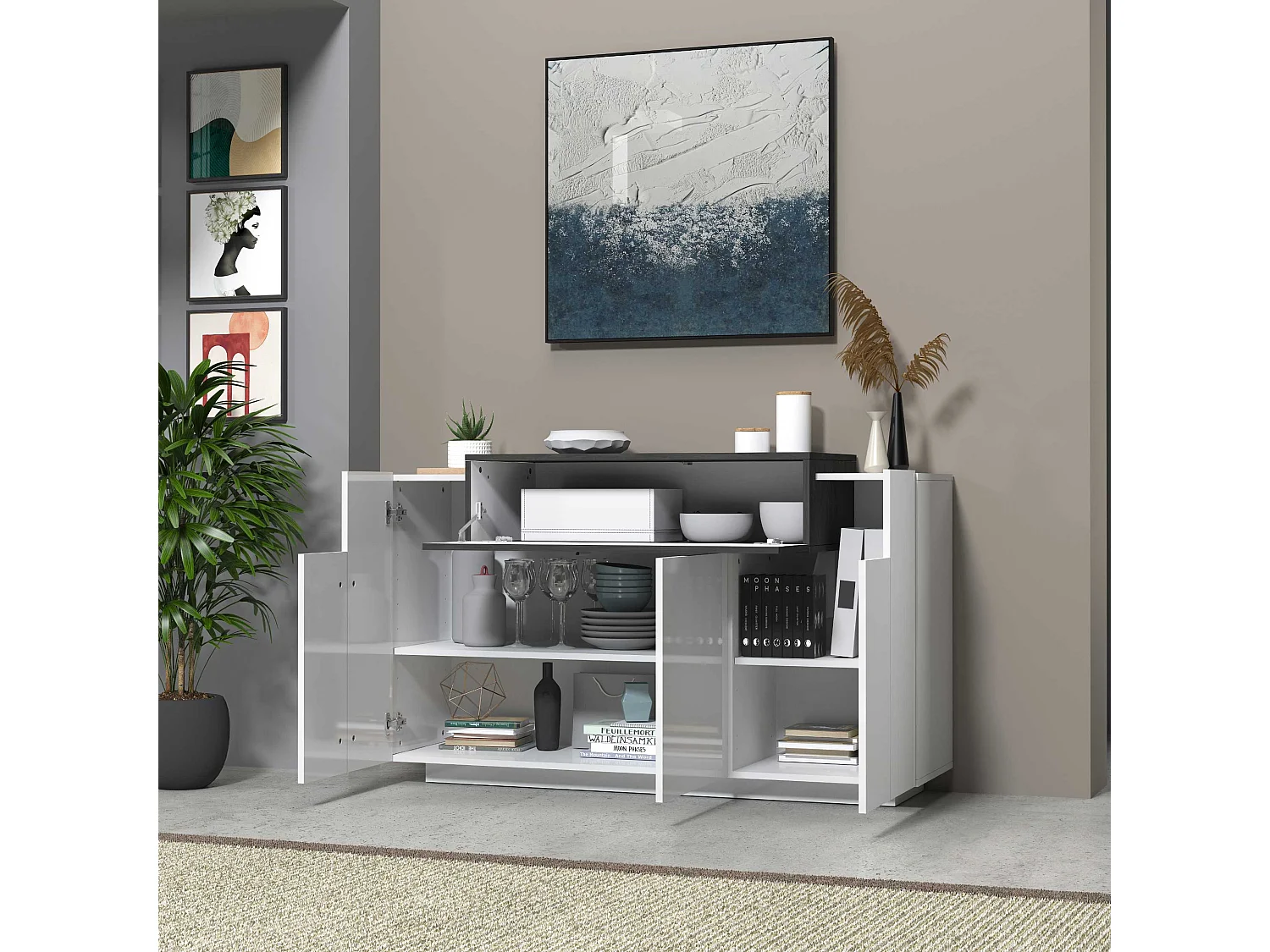 Credenza Corona 3 ante bianco lucido e ardesia 140x45x85 cm