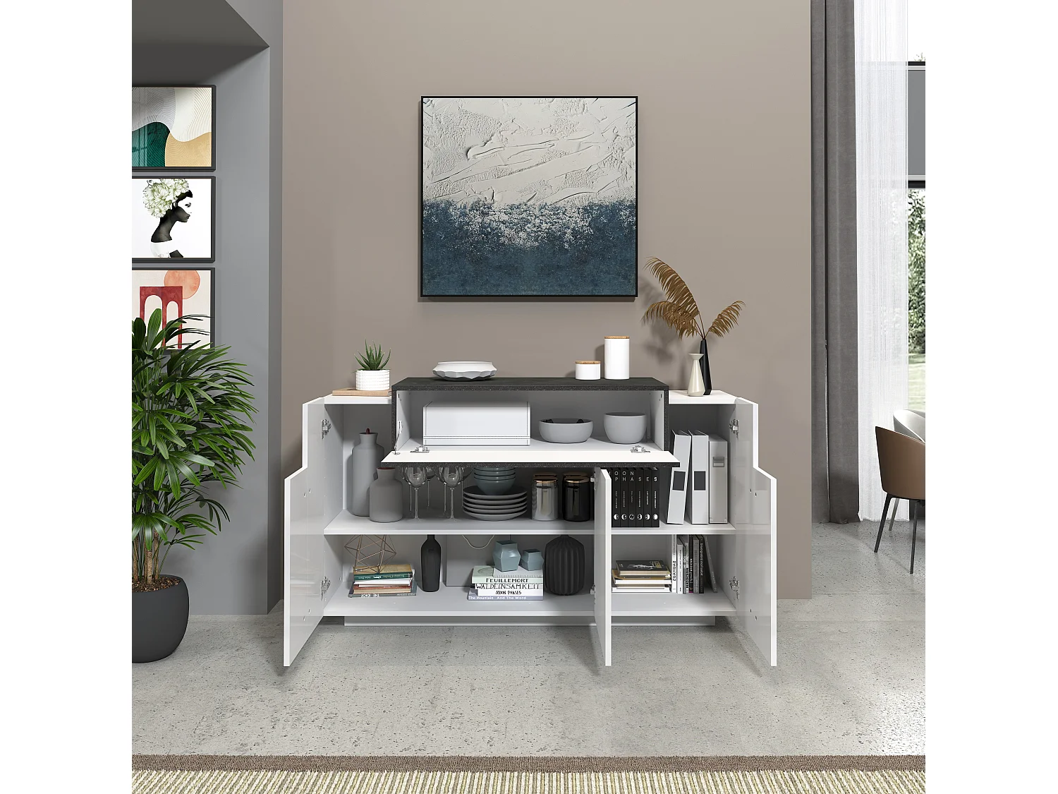 Credenza Corona 3 ante bianco lucido e ardesia 140x45x85 cm