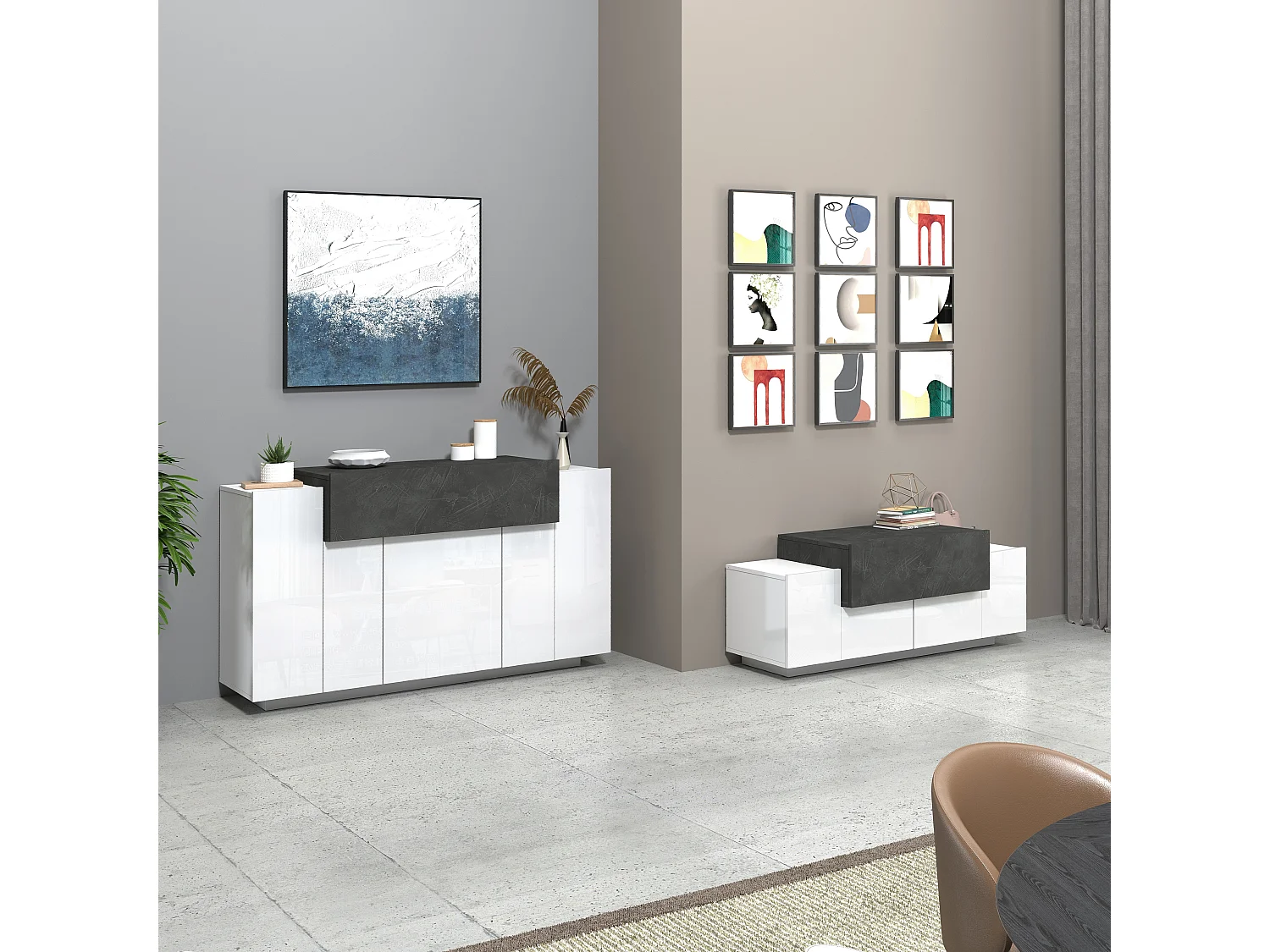 Credenza Corona 3 ante bianco lucido e ardesia 140x45x85 cm