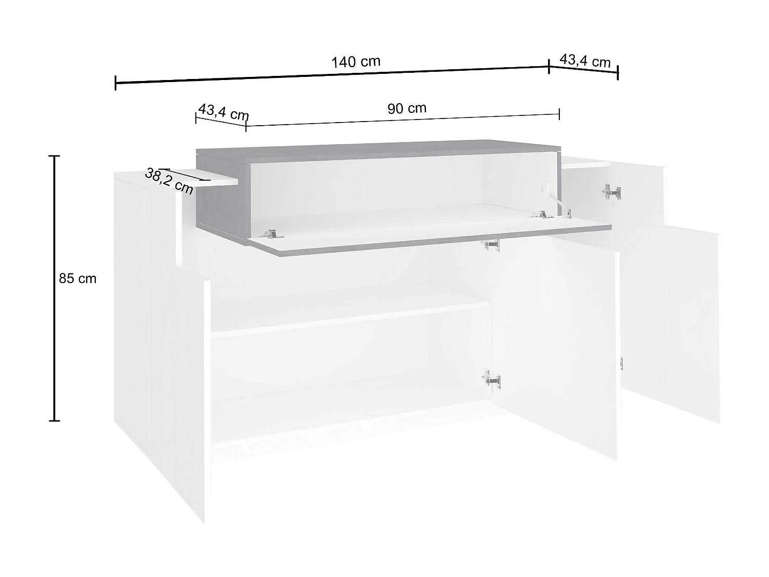 Credenza Corona 3 ante bianco lucido e ardesia 140x45x85 cm