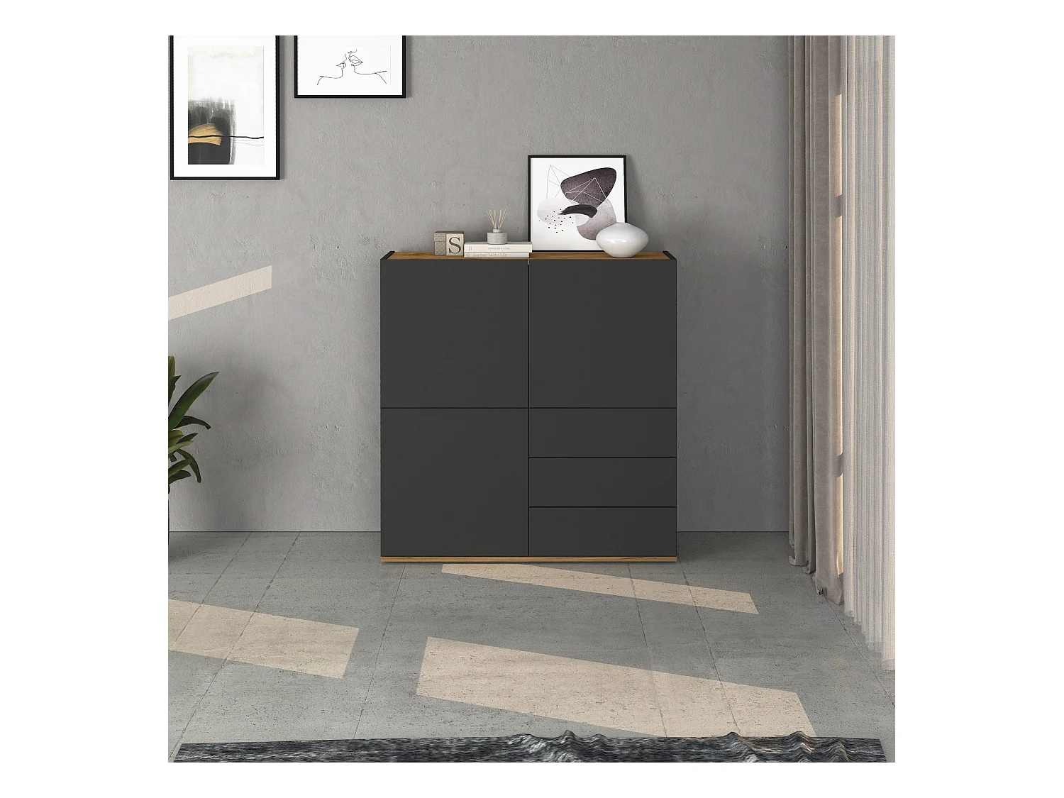 Credenza Garda a 3 ante e 3 cassetti antracite opaco/rovere 102x35x110 cm