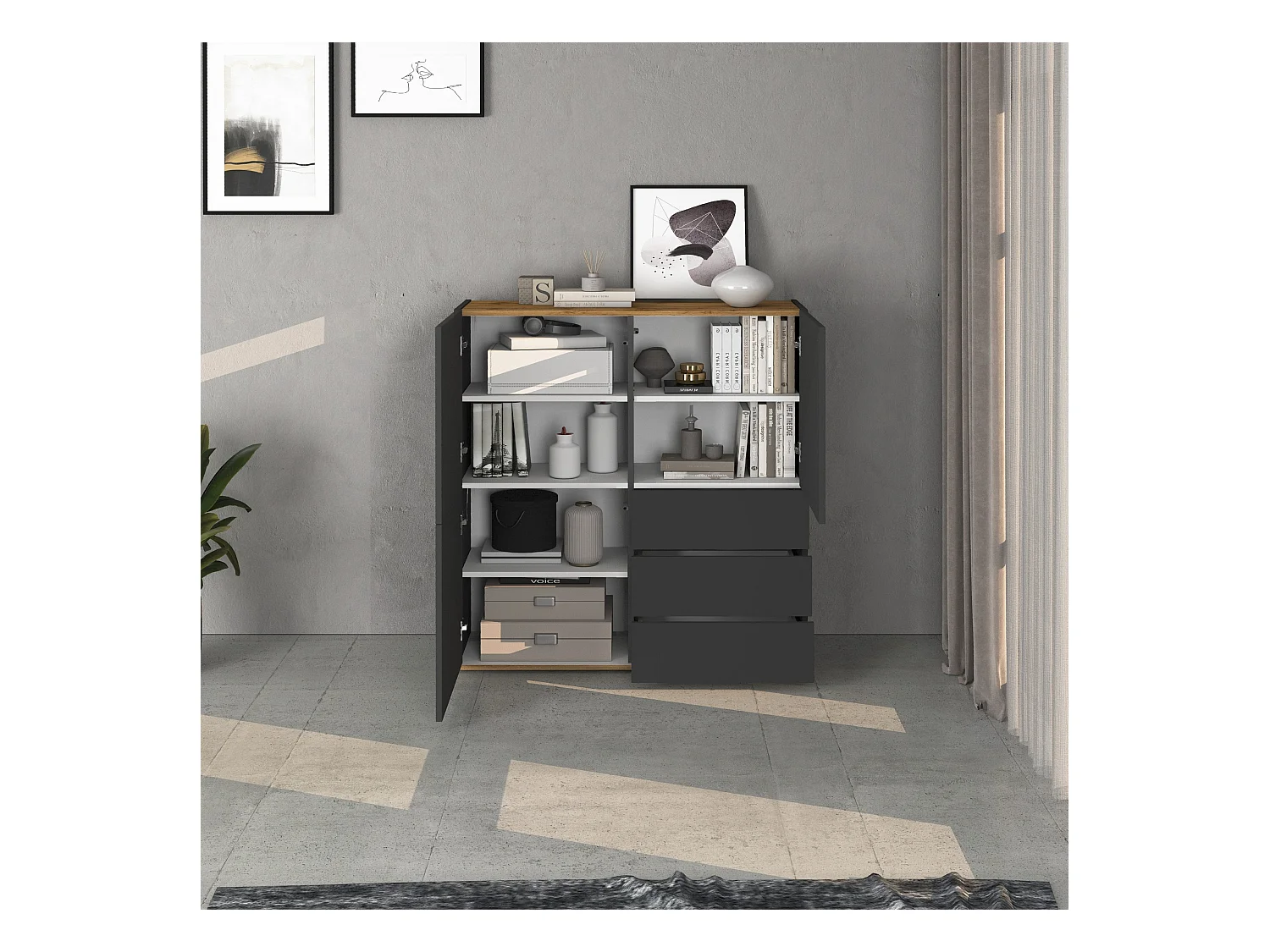 Credenza Garda a 3 ante e 3 cassetti antracite opaco/rovere 102x35x110 cm