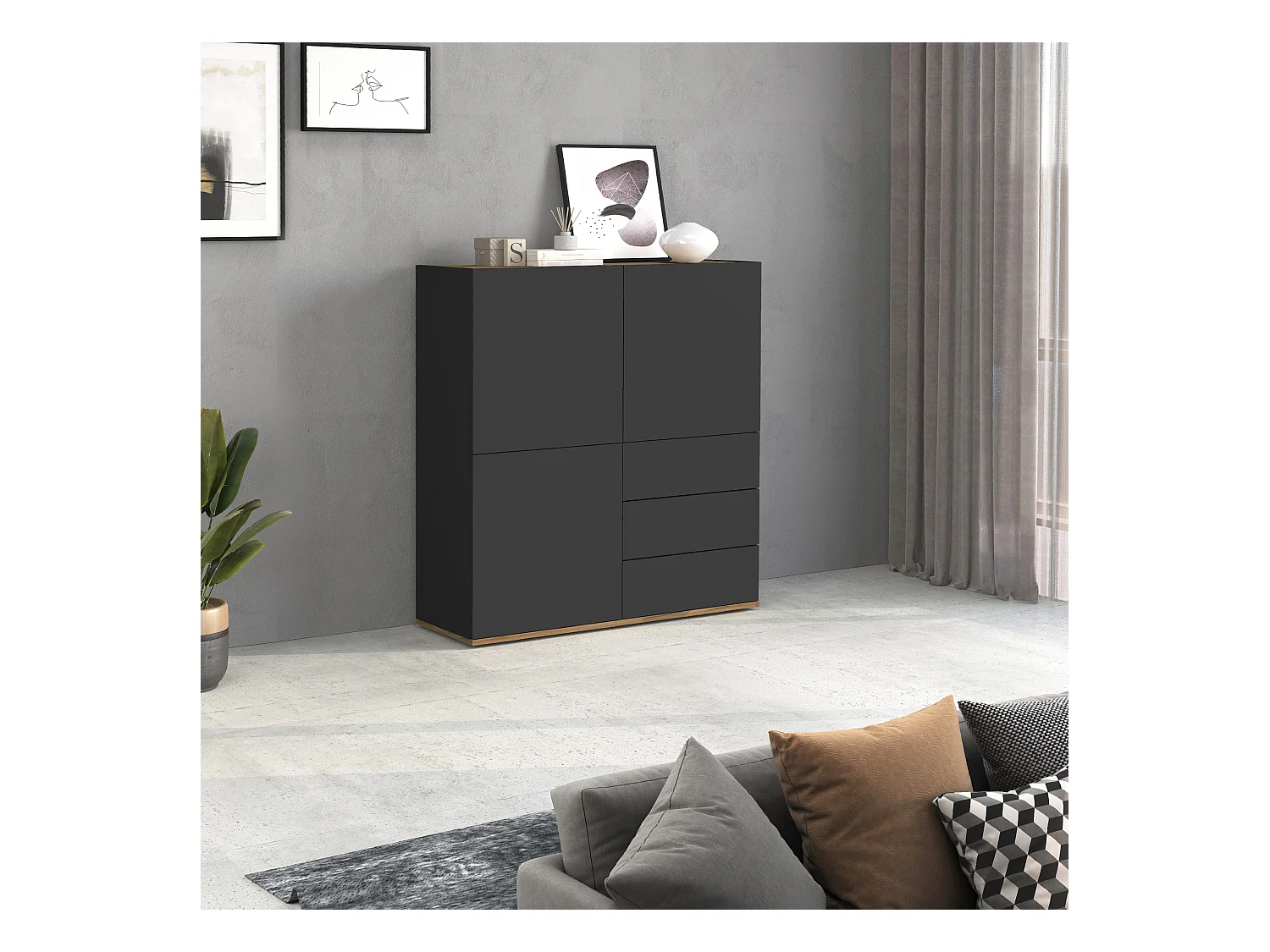 Credenza Garda a 3 ante e 3 cassetti antracite opaco/rovere 102x35x110 cm