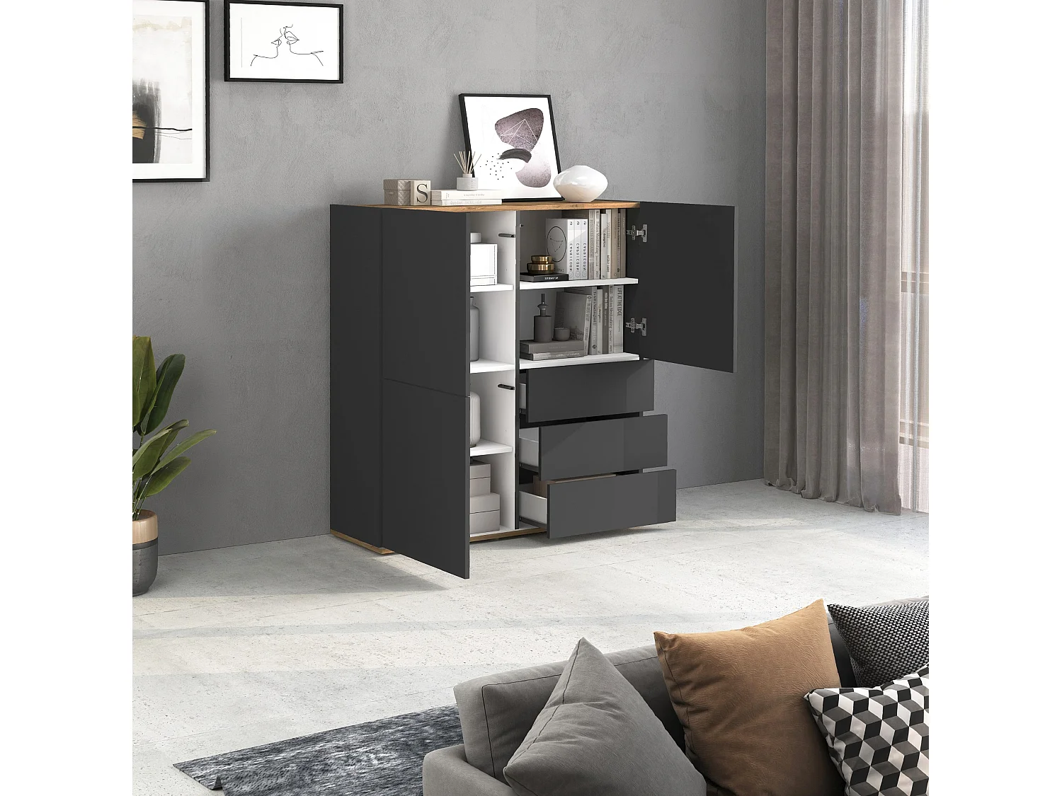 Credenza Garda a 3 ante e 3 cassetti antracite opaco/rovere 102x35x110 cm