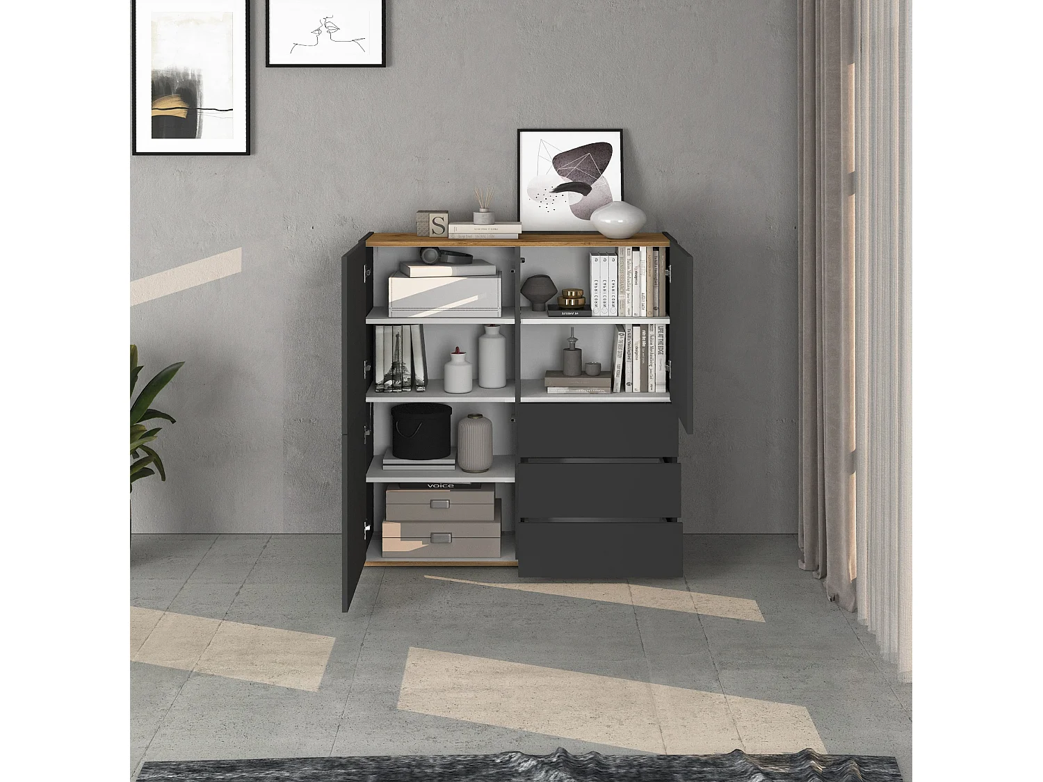 Credenza Garda a 3 ante e 3 cassetti antracite opaco/rovere 102x35x110 cm