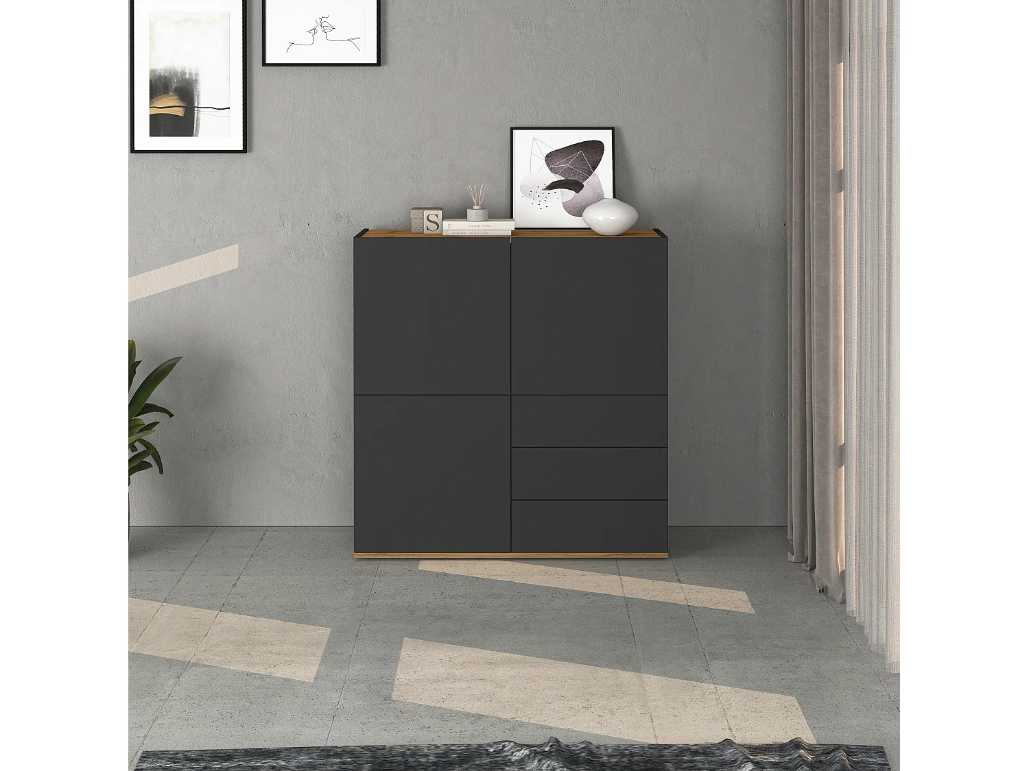 Aparador Garda con 3 puertas y 3 cajones en antracita mate/roble 102x35x110 cm