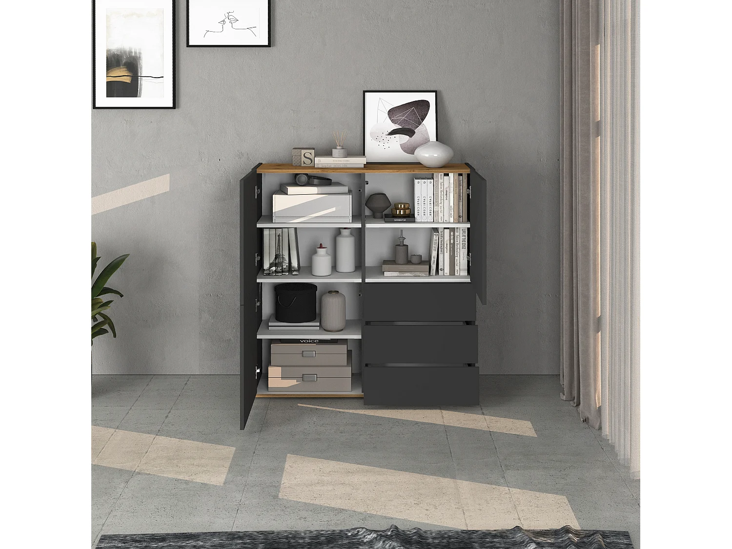 Aparador Garda con 3 puertas y 3 cajones en antracita mate/roble 102x35x110 cm