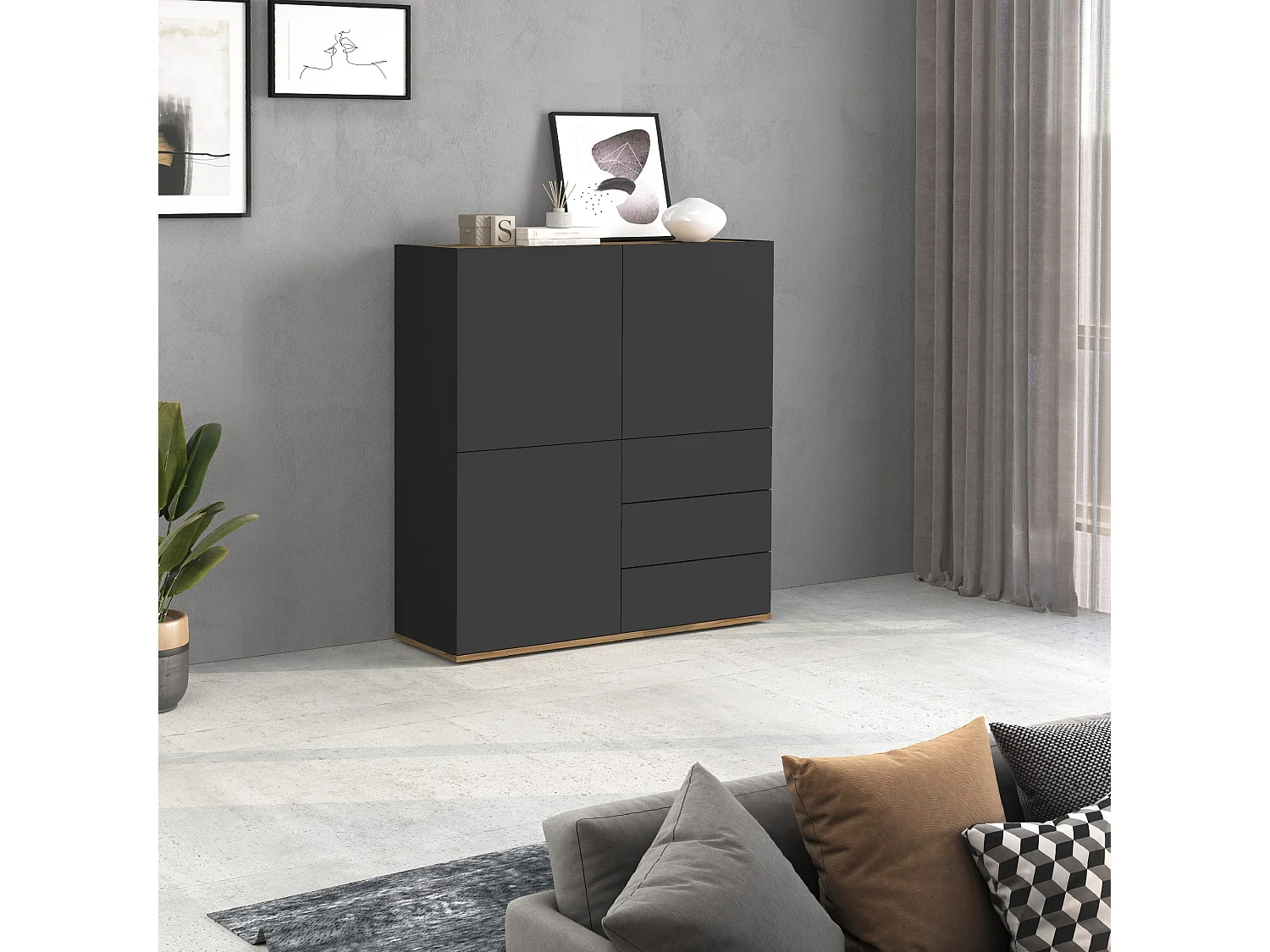 Aparador Garda con 3 puertas y 3 cajones en antracita mate/roble 102x35x110 cm