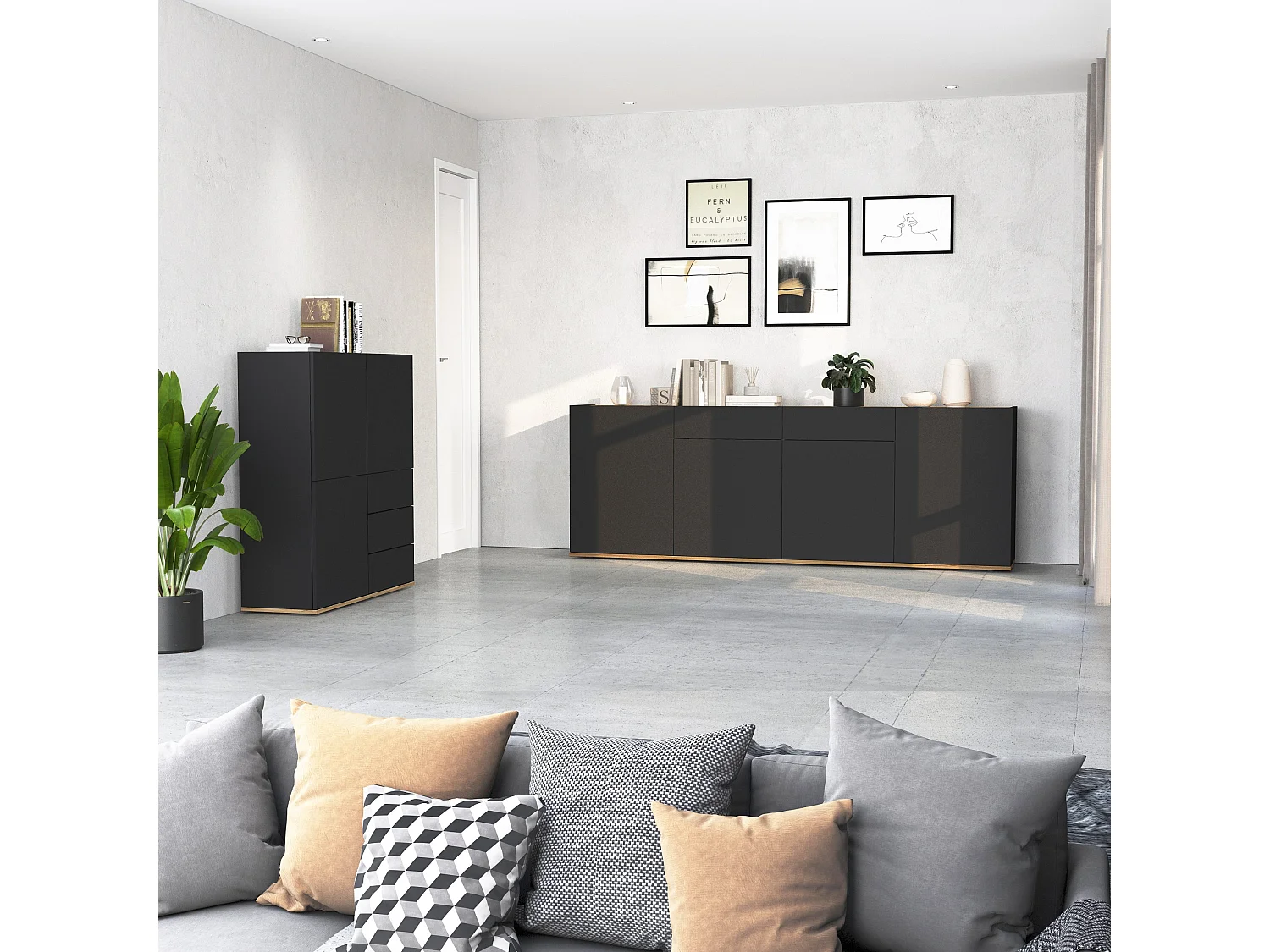 Aparador Garda con 3 puertas y 3 cajones en antracita mate/roble 102x35x110 cm