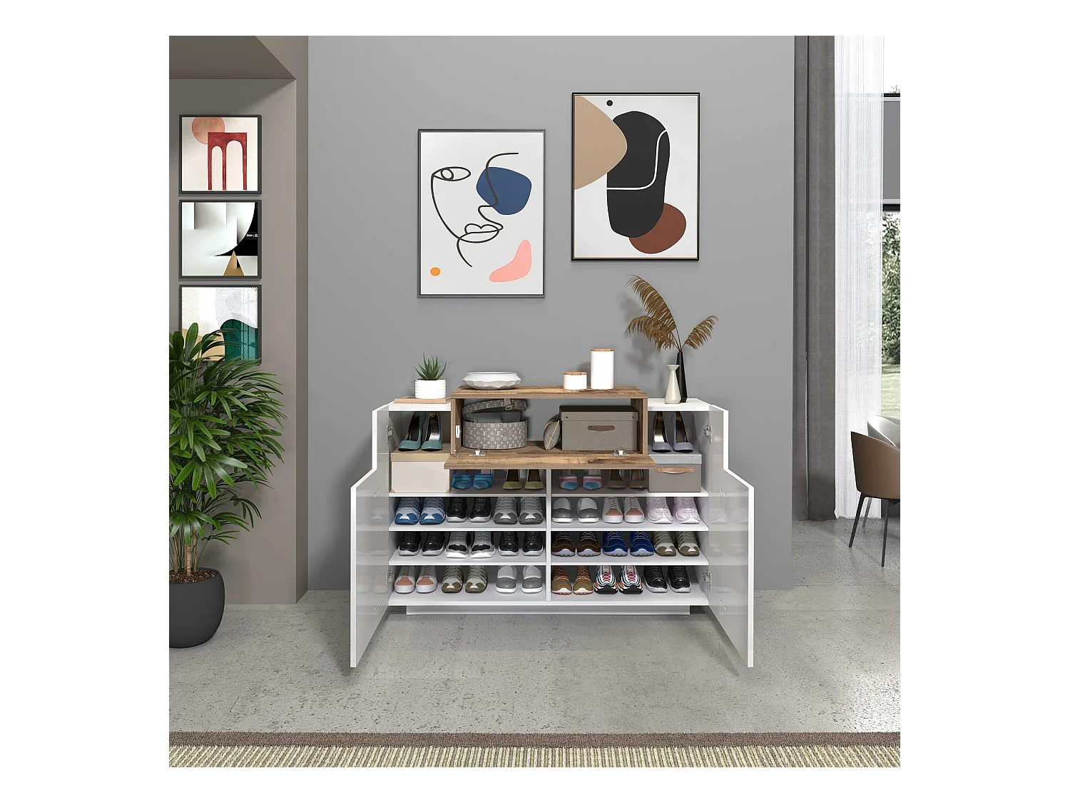 Scarpiera ingresso Corona con 2 ante e 1 ribata bianca e acero pereira 120x45x85 cm