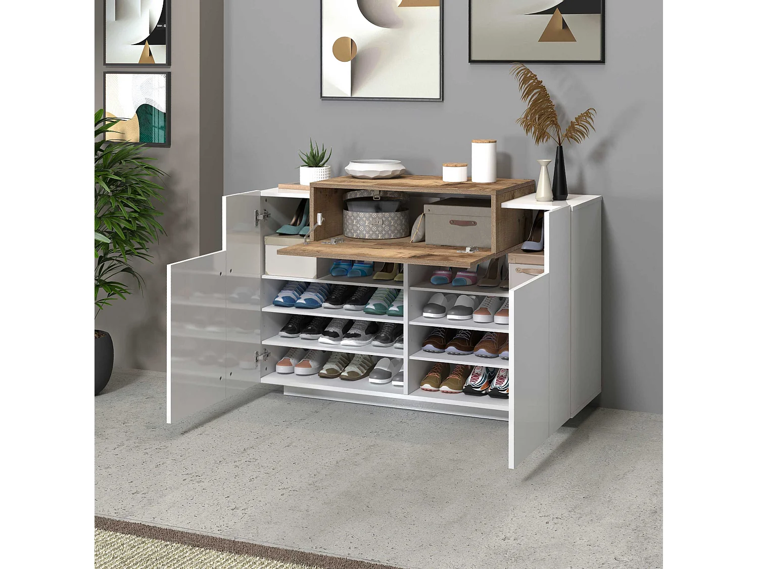 Scarpiera ingresso Corona con 2 ante e 1 ribata bianca e acero pereira 120x45x85 cm