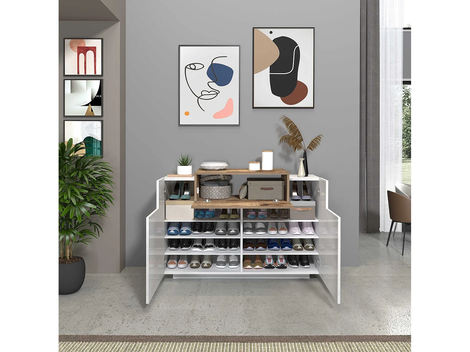 Scarpiera ingresso Corona con 2 ante e 1 ribata bianca e acero pereira 120x45x85 cm