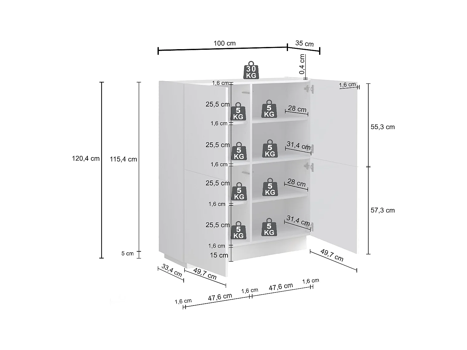 Credenza Vela con 4 ante colore bianco lucido 100x35x120,4 cm