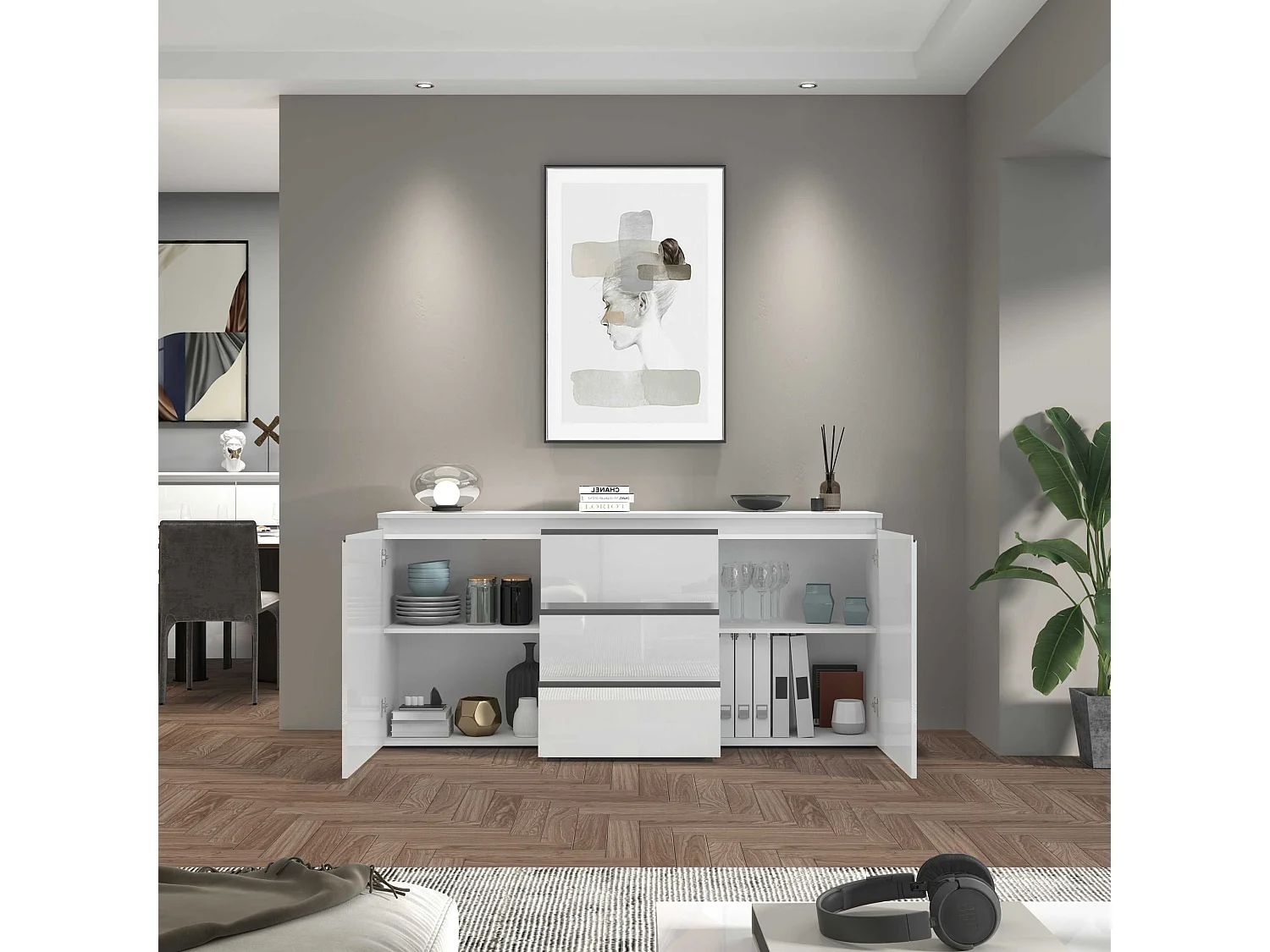 Credenza cassettiera Magic con 2 ante e 3 cassetti 150x40x80 cm