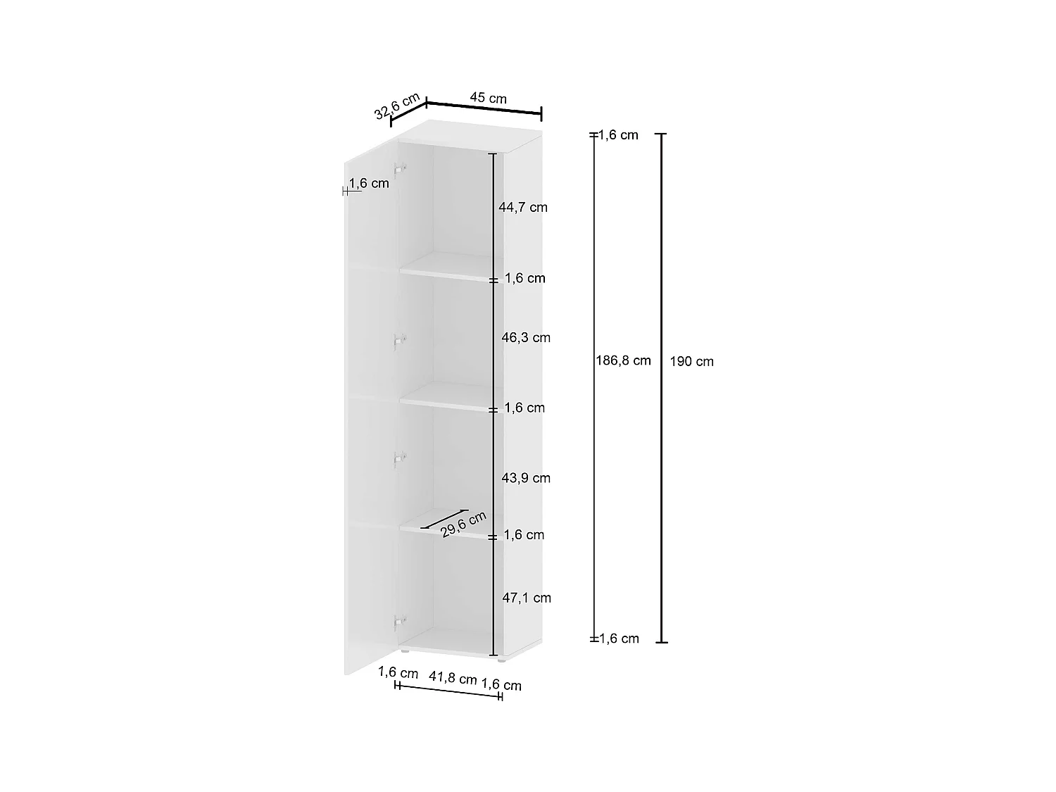 Armadio a colonna Egypt con 1 anta e 3 ripiani bianco lucido 45x34,2x190 cm