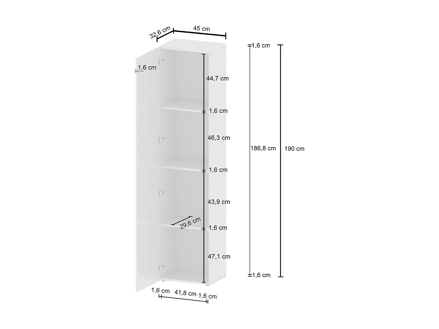 Armadio a colonna Egypt con 1 anta e 3 ripiani bianco lucido 45x34,2x190 cm