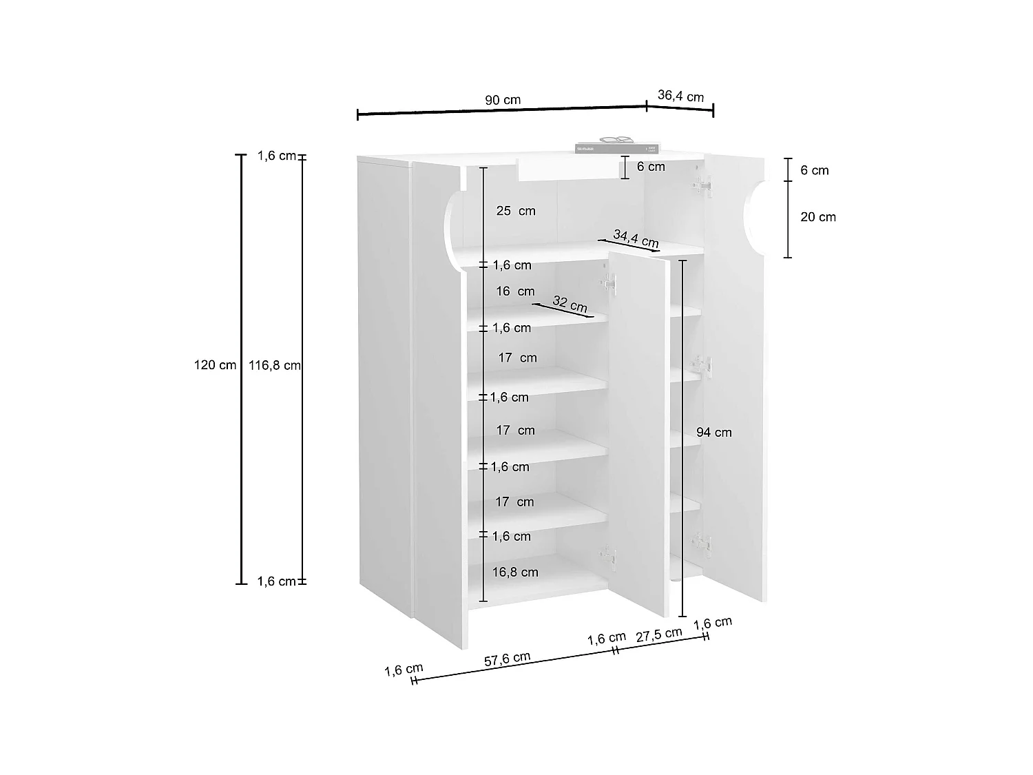 Armadio portascarpe REAL a 3 ante e 11 ripiani bianco lucido 90x38x120 cm