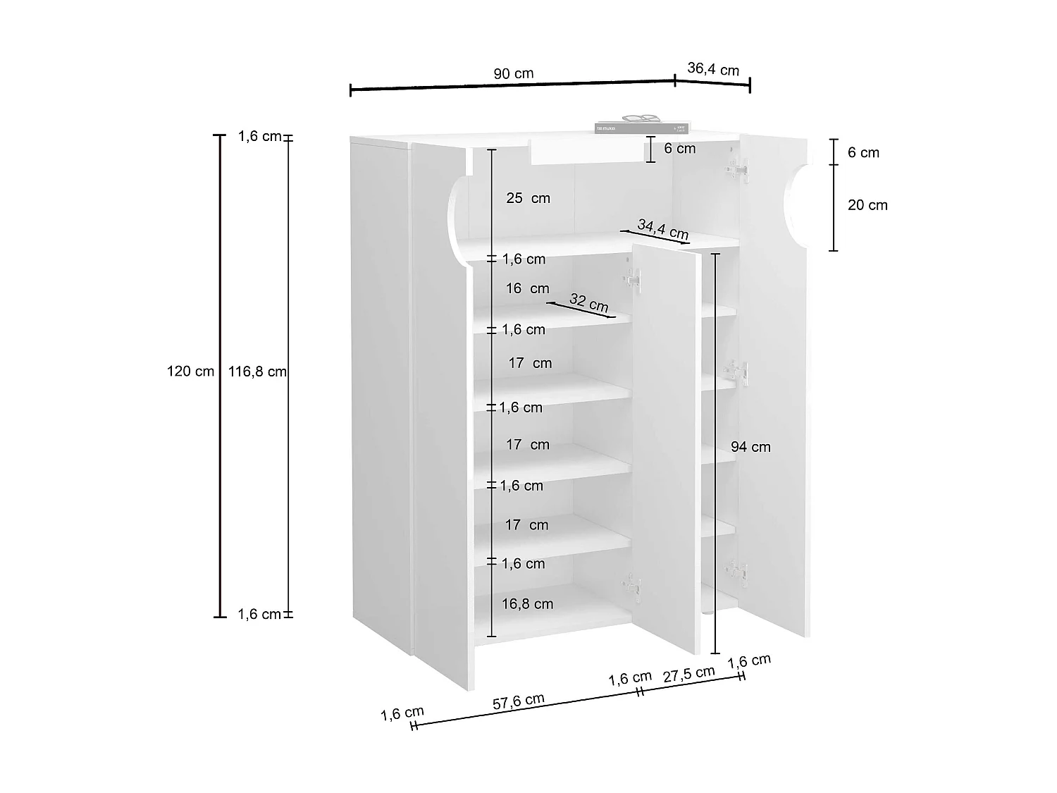 Armadio portascarpe REAL a 3 ante e 11 ripiani bianco lucido 90x38x120 cm