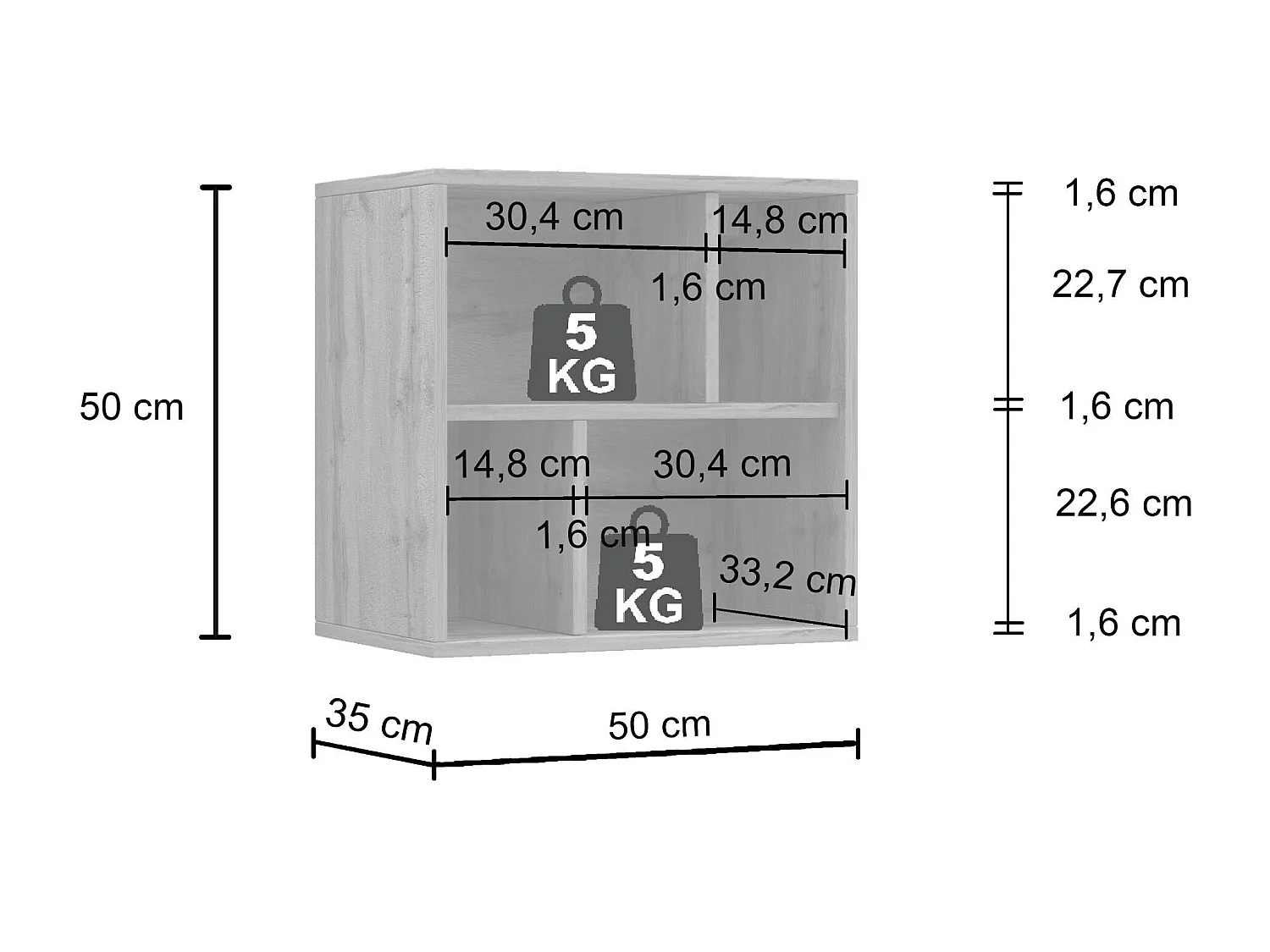 Pensile a giorno Chronos con 4 vani rovere 50x35x50 cm