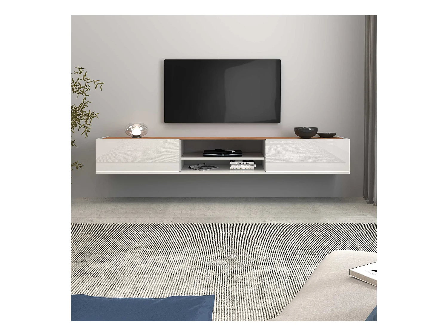 Mobile porta tv Garda 2 ante e 1 ripiano centrale bianco lucido e rovere 210x35x30 cm