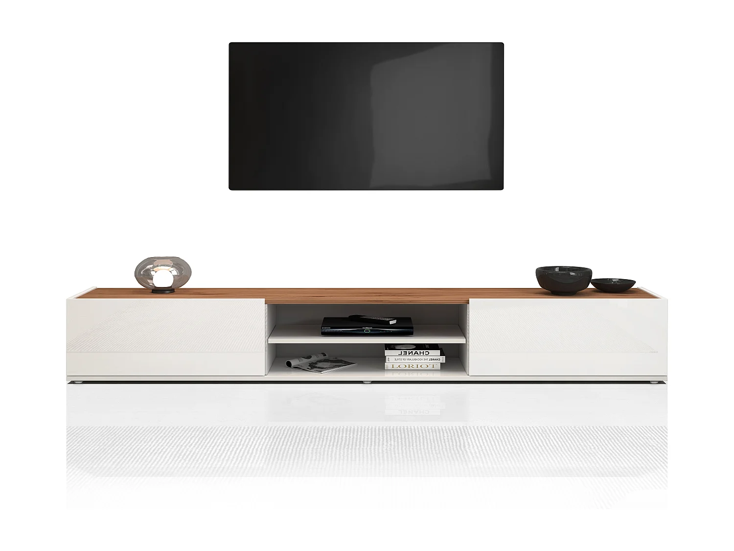 Mobile porta tv Garda 2 ante e 1 ripiano centrale bianco lucido e rovere 210x35x30 cm