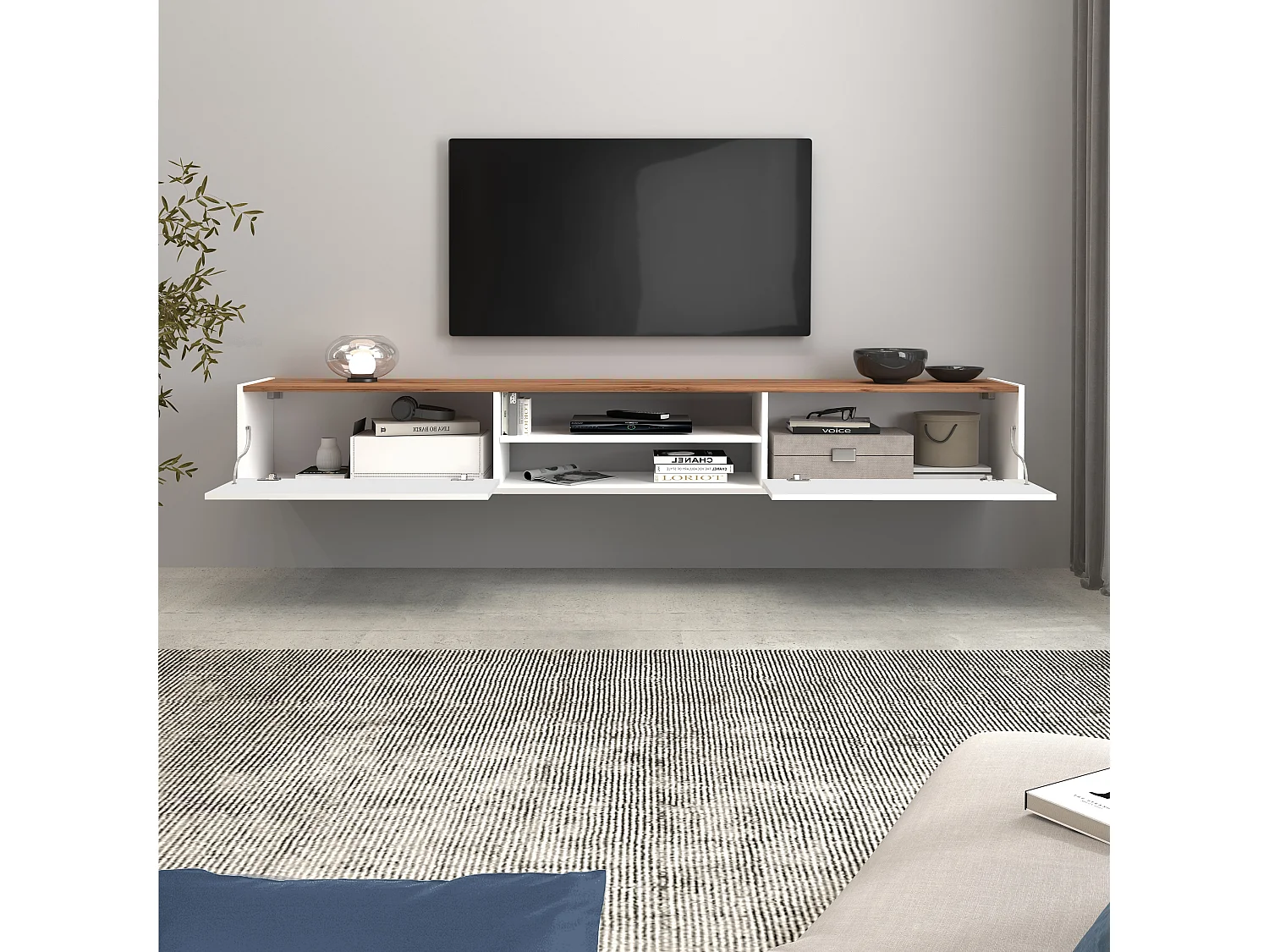 Mobile porta tv Garda 2 ante e 1 ripiano centrale bianco lucido e rovere 210x35x30 cm