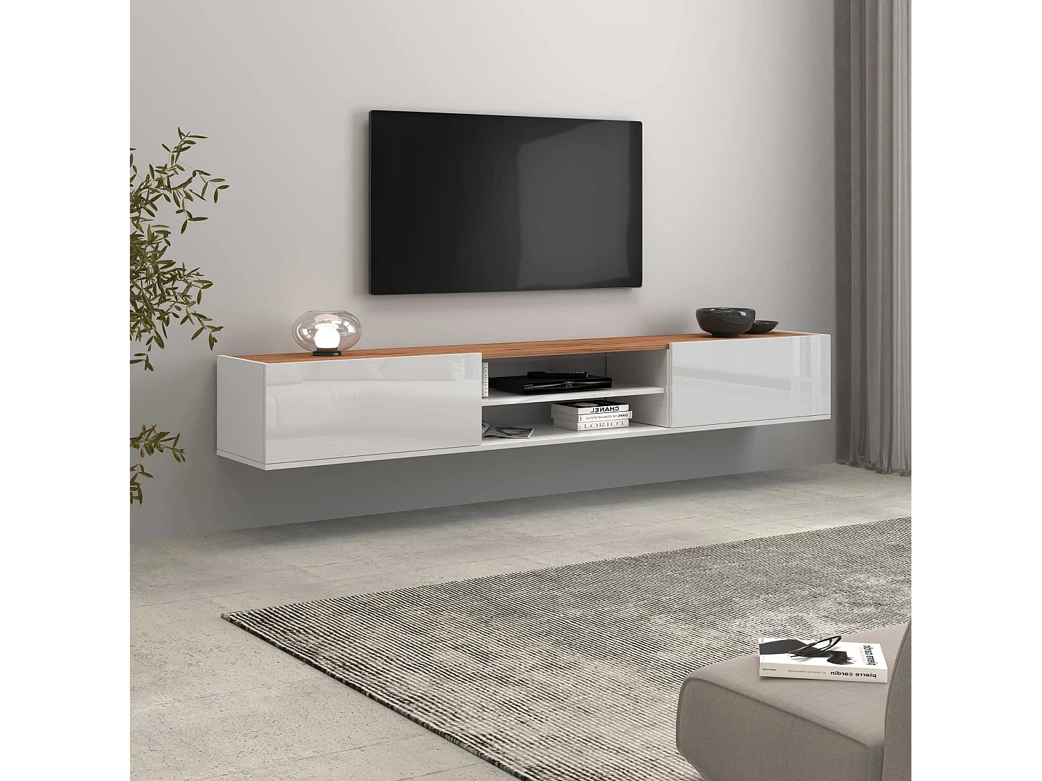 Mobile porta tv Garda 2 ante e 1 ripiano centrale bianco lucido e rovere 210x35x30 cm