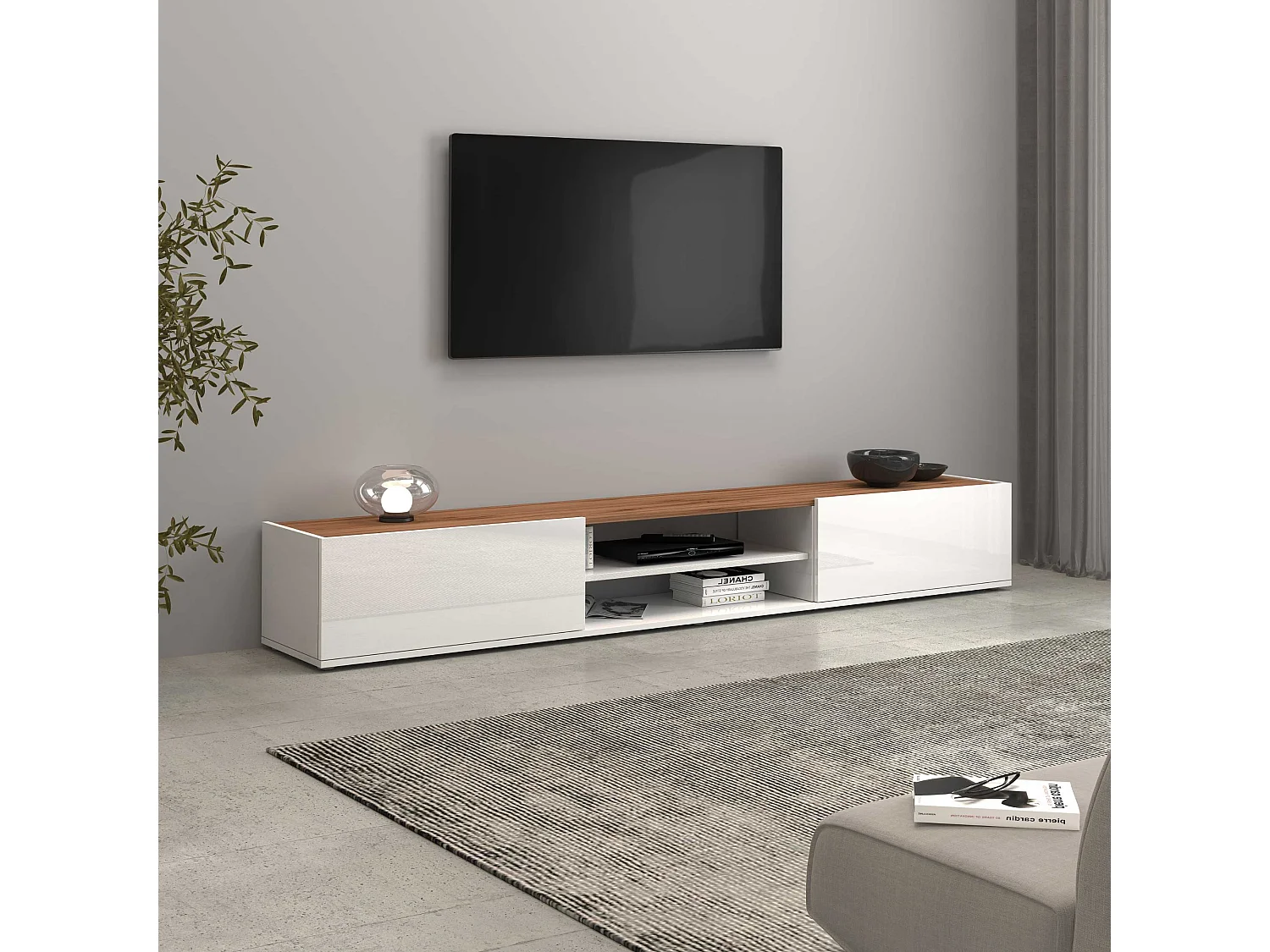 Mobile porta tv Garda 2 ante e 1 ripiano centrale bianco lucido e rovere 210x35x30 cm