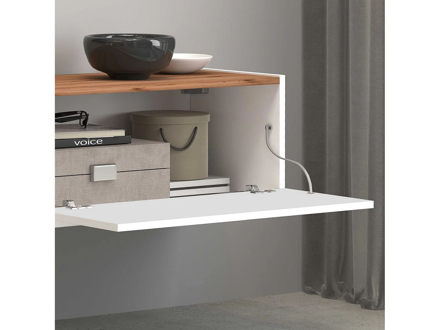 Mobile porta tv Garda 2 ante e 1 ripiano centrale bianco lucido e rovere 210x35x30 cm