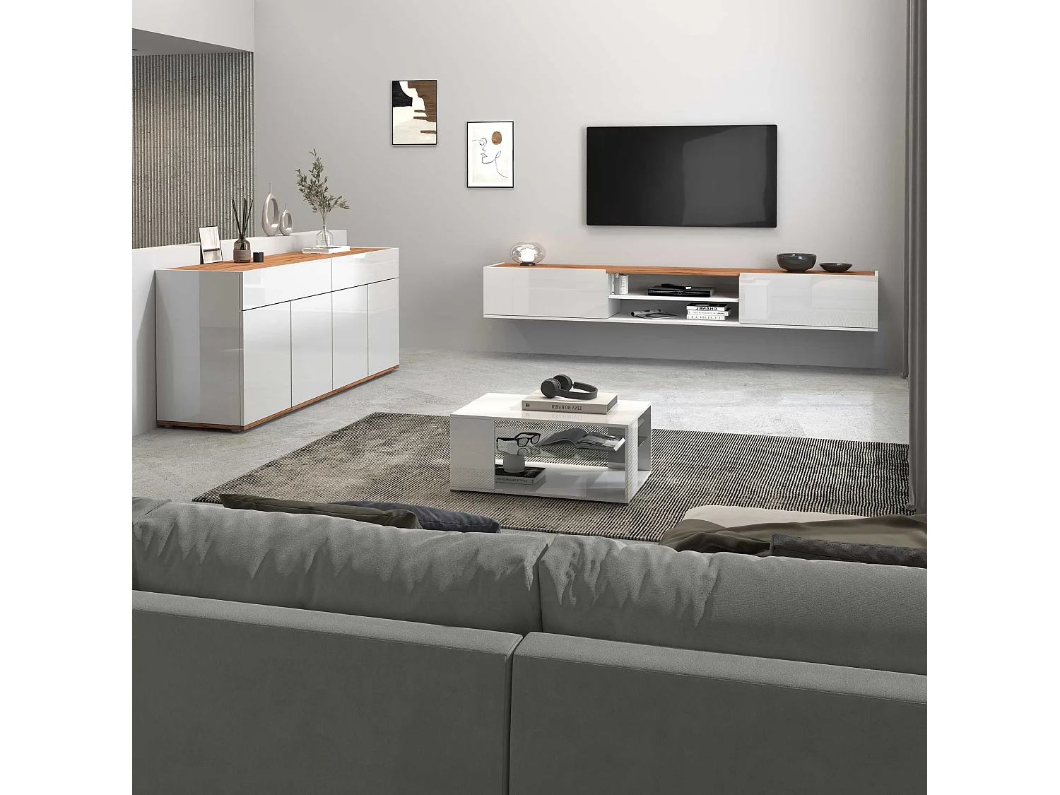 Mobile porta tv Garda 2 ante e 1 ripiano centrale bianco lucido e rovere 210x35x30 cm