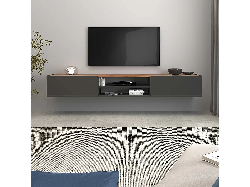 Mobile porta tv Garda 2 ante e 1 ripiano centrale antracite opaco e rovere 210x35x30 cm