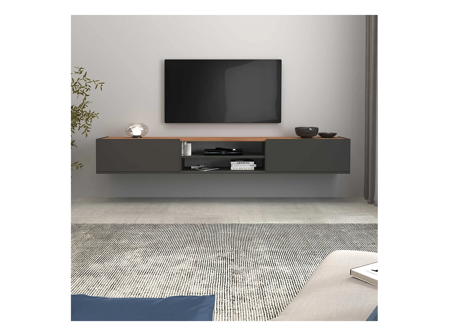 Mobile porta tv Garda 2 ante e 1 ripiano centrale antracite opaco e rovere 210x35x30 cm